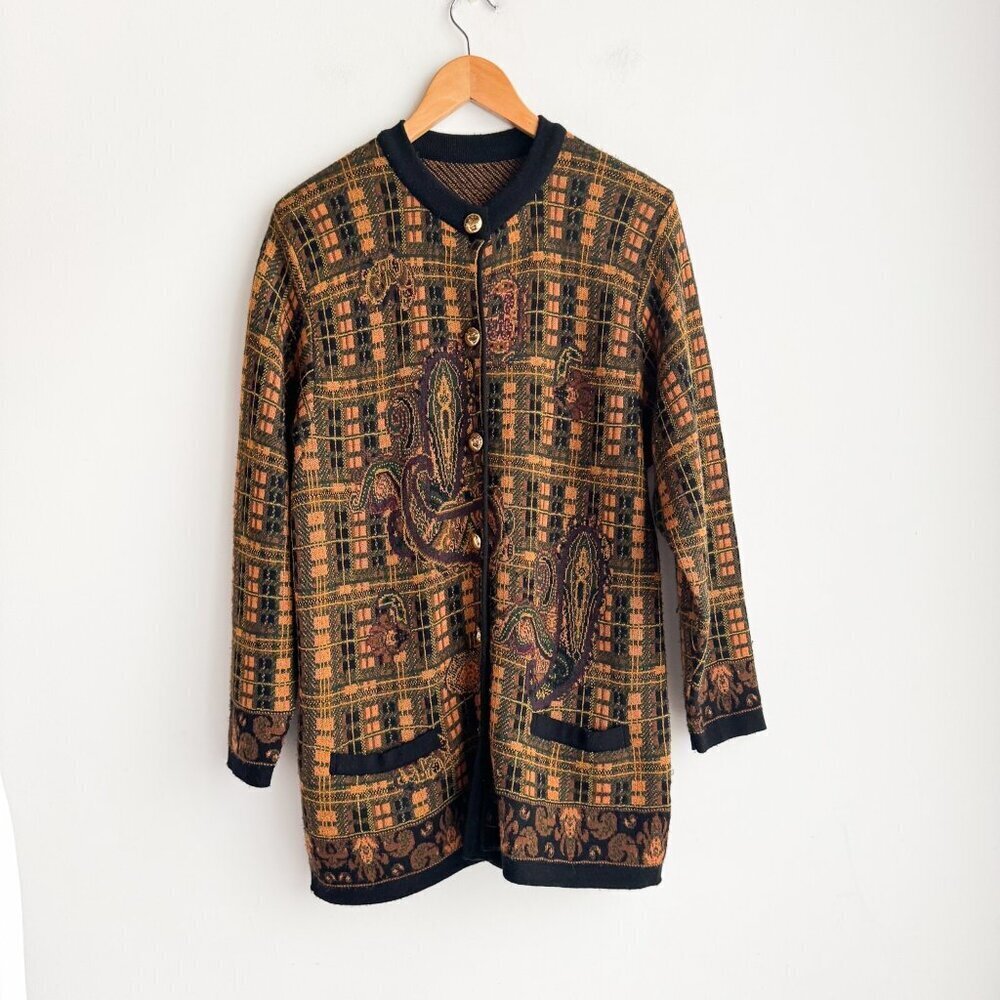 Vintage Made In France Paisley Print Wool Blend Cardigan M